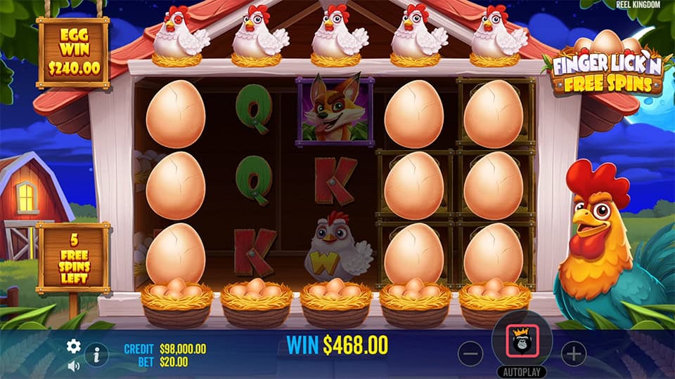 Cracked egg symbols filling the reels with 5 free spins left, showing egg win value on left panel.
