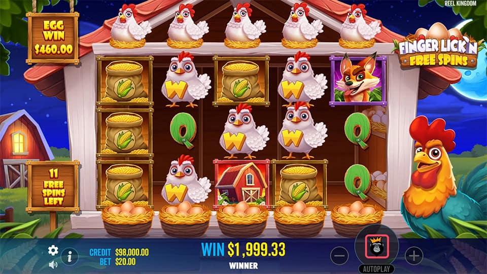 5 Wilds Symbols during free spins coming from cracked eggs.