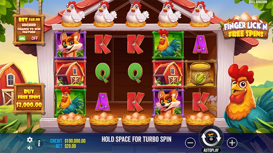 Colorful reels with hens, barns, foxes and egg nests, framed by a wooden henhouse and green farm backdrop.