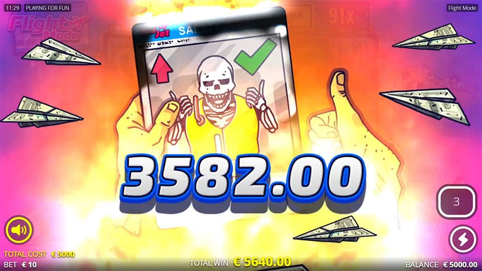 Skeleton win animation on a phone screen with flying paper planes and explosion.