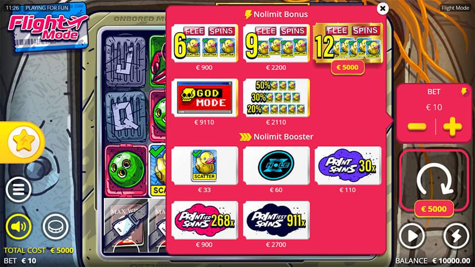 Feature buy menu with Free Spins packages, God Mode and boost options displayed in red.