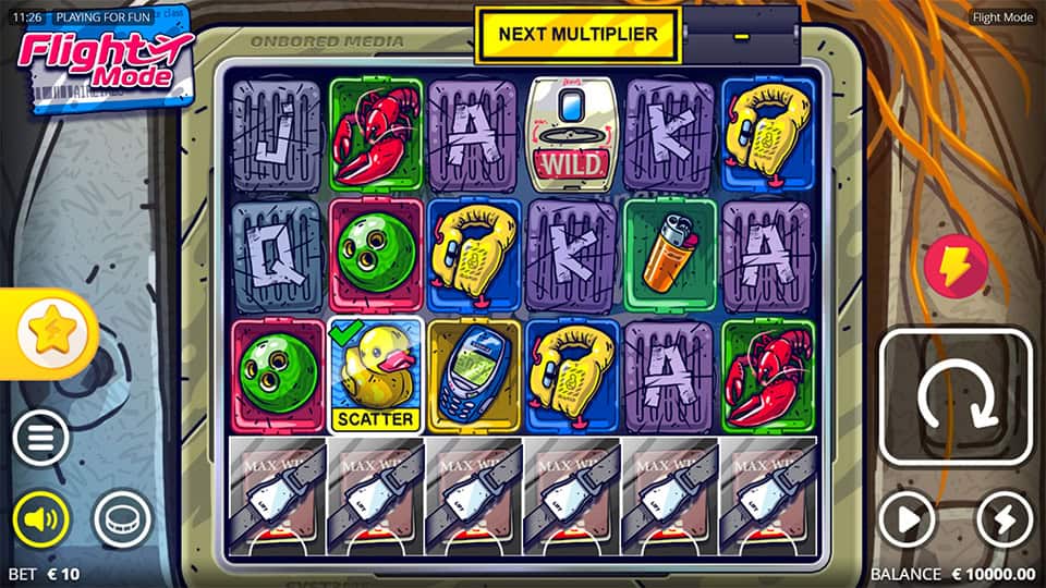 Colorful grid of retro gadgets, ducks and wilds shown in airplane tray layout.