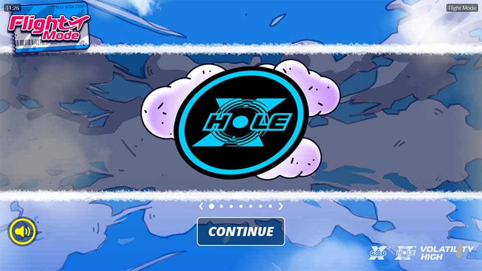 Intro screen with volatility info and xHole feature displayed mid-flight through clouds.