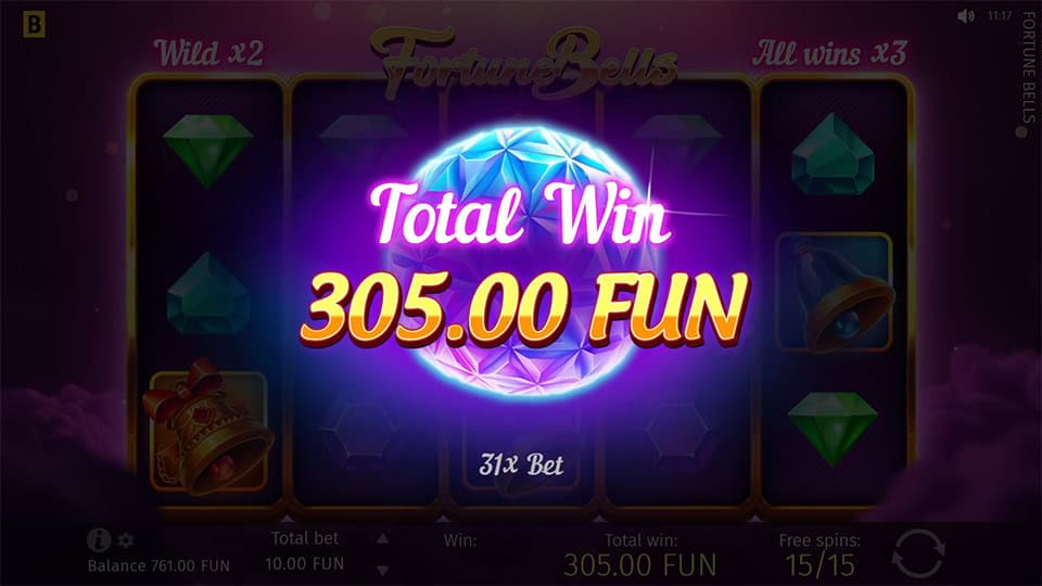 Total Win screen in Fortune Bells slot displaying a 305 payout.