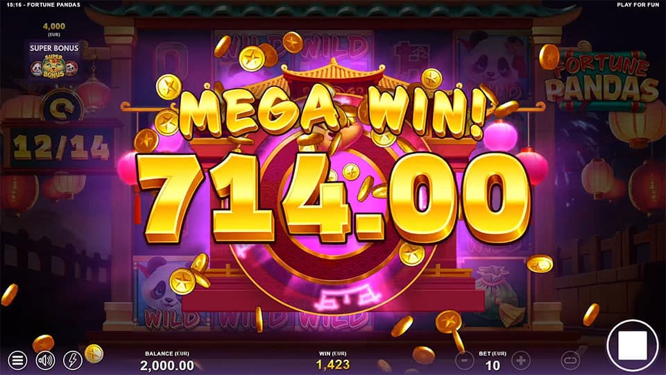 A Mega Win of 714 on Fortune Pandas, highlighting a rewarding spin in the bonus round.