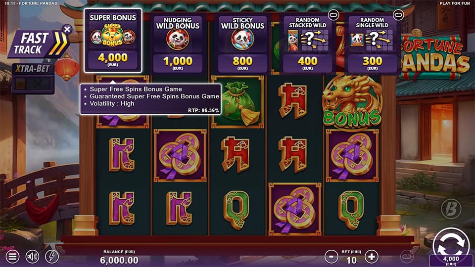 Fast Track feature in Fortune Pandas, allowing players to buy different bonus rounds for a fixed price.