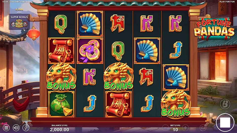 Three scatter symbols landing on the reels of Fortune Pandas, triggering the Free Spins Bonus game.