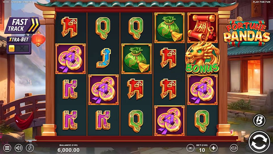 Base game preview of the Fortune Pandas slot, showcasing various symbols and potential winning combinations.