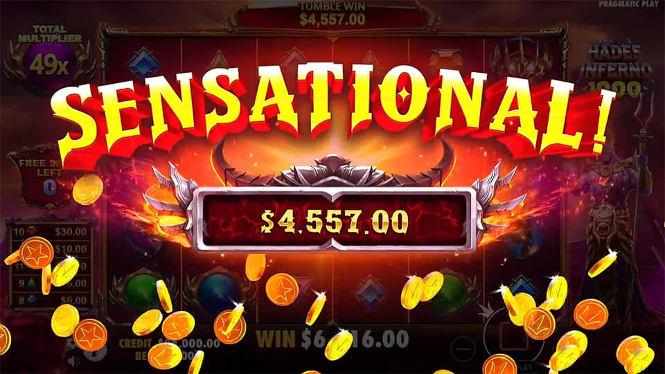 Hades Inferno 1000 sensational win screen showing a $4,557.00 win with gold coins flying across the screen.