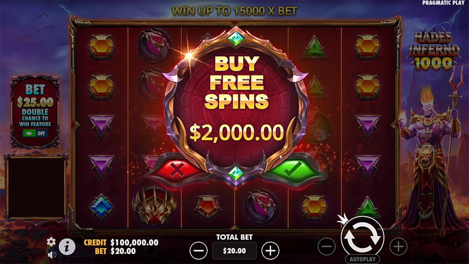 Bonus buy screen in Hades Inferno 1000 allowing players to purchase free spins for x100 the bet.