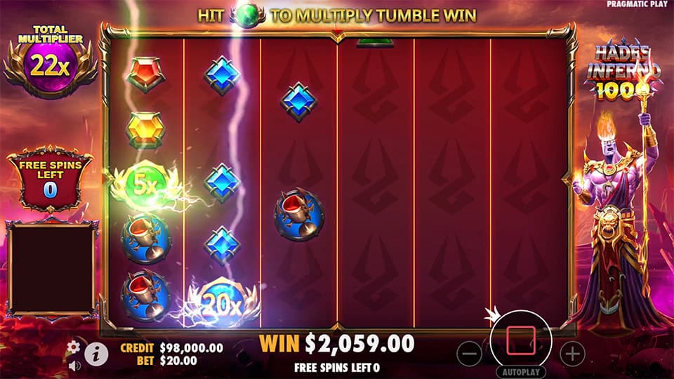 Gameplay view of Hades Inferno 1000 with 5x and 20x multiplier symbols landing during a free spins round.