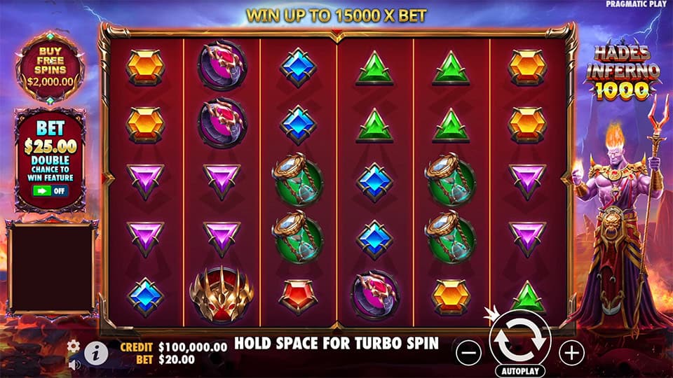 Base game of Hades Inferno 1000 slot showing colorful gem symbols and a 6x5 grid with bet and feature options.