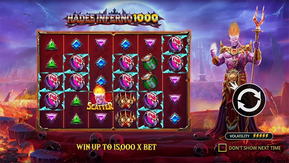 Hades Inferno 1000 homepage introducing 15,000x max win potential, scatter triggers and fiery high-volatility design.