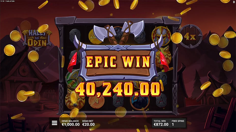 “Epic Win” banner with golden coins flying across the reels, framed by Nordic weapons and symbols.