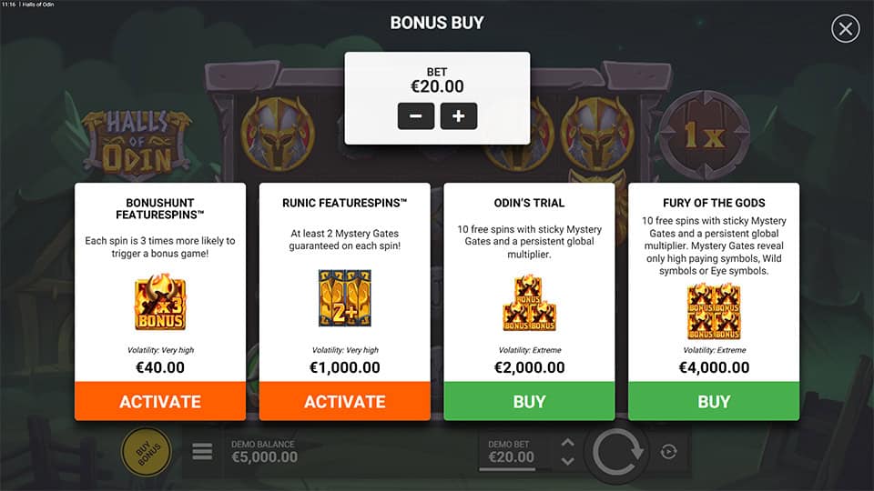 Bonus buy menu offering multiple feature buy choices, including guaranteed Mystery Gates, Odin’s Trial free spins and Fury of the Gods mode.