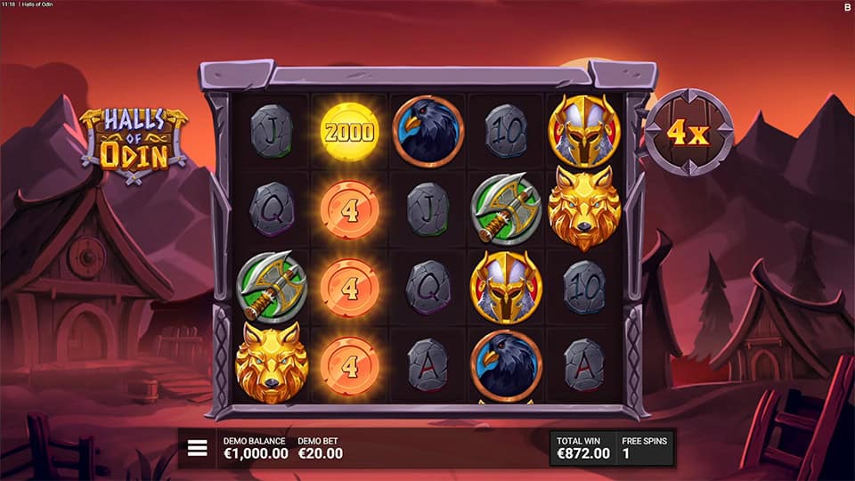 Gameplay showing coin symbols with multipliers and raven icons activating special feature wins.