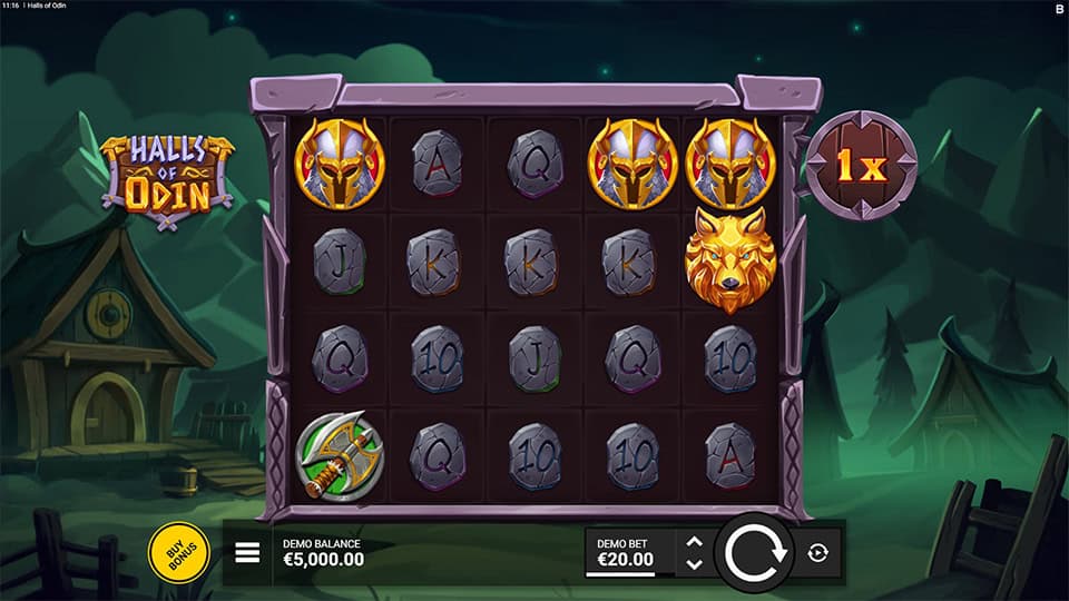 Base game reels featuring Viking helmets, wolves, axes and rune stones with multiplier tracker on the side.