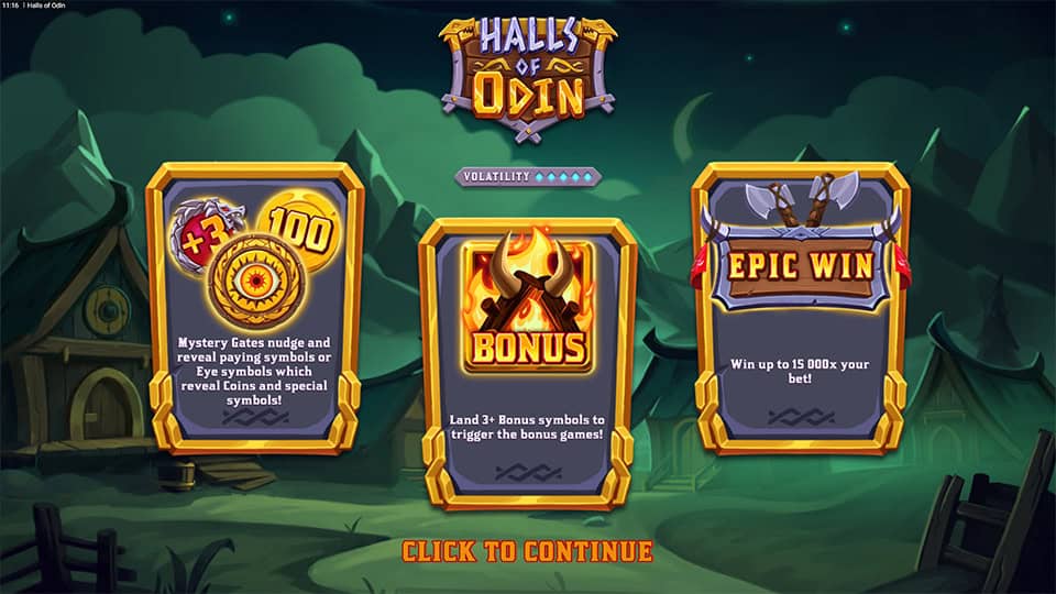 Intro screen highlighting Halls of Odin’s main features: Mystery Gates, bonus game triggers and maximum win potential.