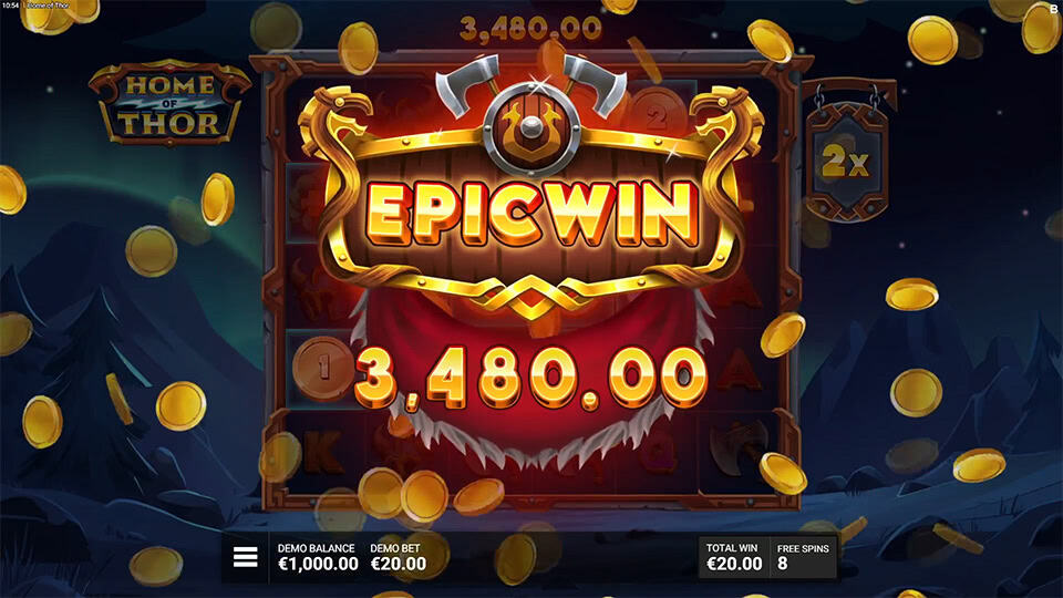 Epic Win display with 3,480.00 prize in gold, surrounded by coins and Viking decor.