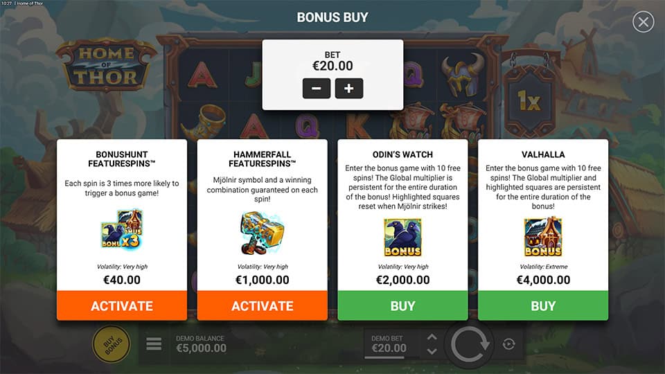 Bonus Buy screen with 4 Thor-themed features, including Bonushunt, Hammerfall and Valhalla.