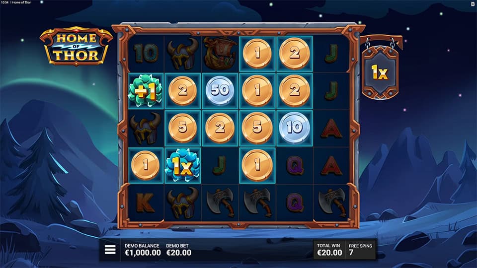 Grid with coin values, multipliers and Mjolnir symbols activating cash prizes.
