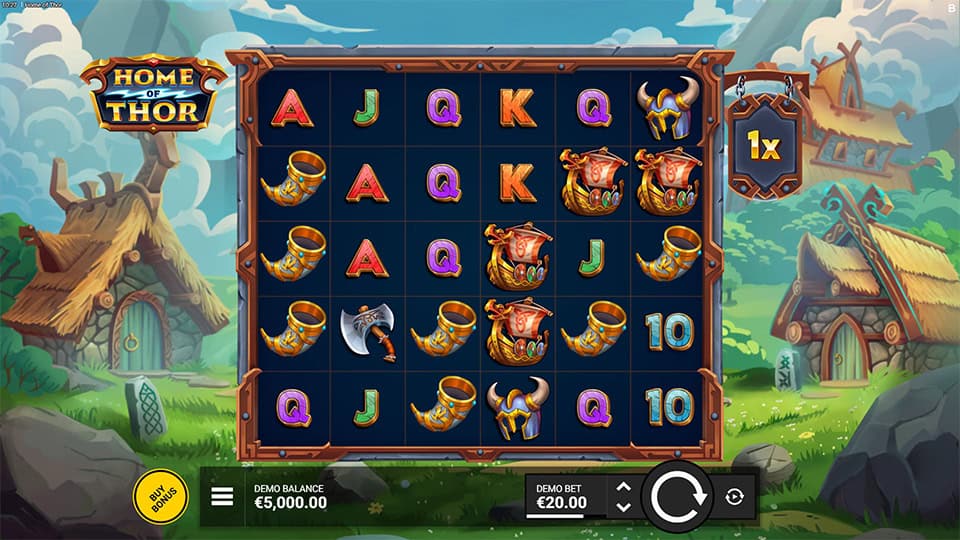 Slot grid with Viking-themed symbols like horns, helmets and axes, with a multiplier meter on the side.