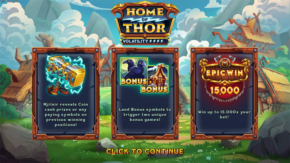 Home of Thor slot intro showing features like bonus games, Mjolnir prizes and up to 15,000x wins.