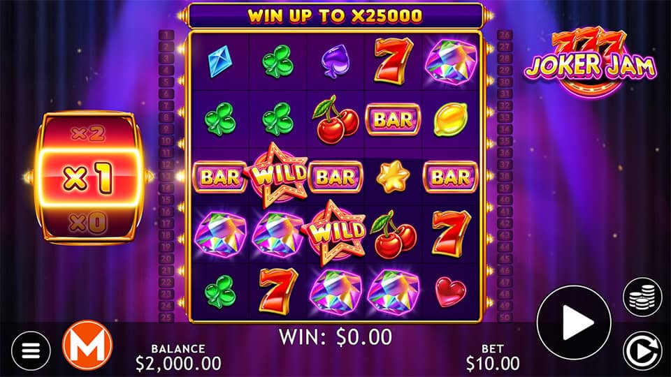 Joker Jam slot gameplay view showcasing reels with classic symbols like 7s, BARs, cherries and Wild stars on a vibrant purple background.