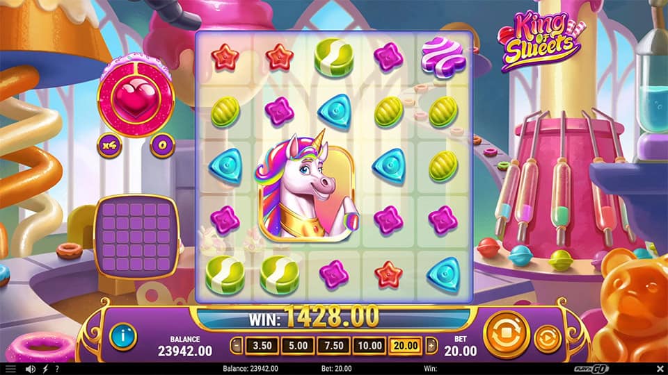Flavour Unicorn wild symbol in King of Sweets shown during bonus explanation, ready to trigger grid-clearing wins in the Flavour Frenzy feature.