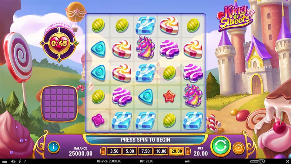Base game screen of King of Sweets showing candy-themed symbols on a 6x6 grid with a rainbow unicorn and bonus counters on the side.