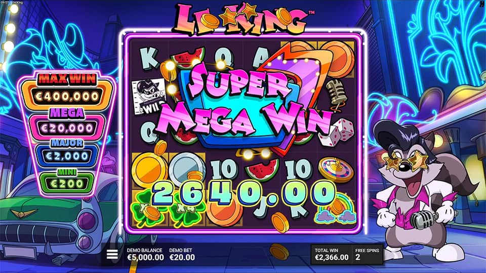 Le King Super Mega Win with 2640.00 prize and coins flying across the screen, neon visuals lighting up.