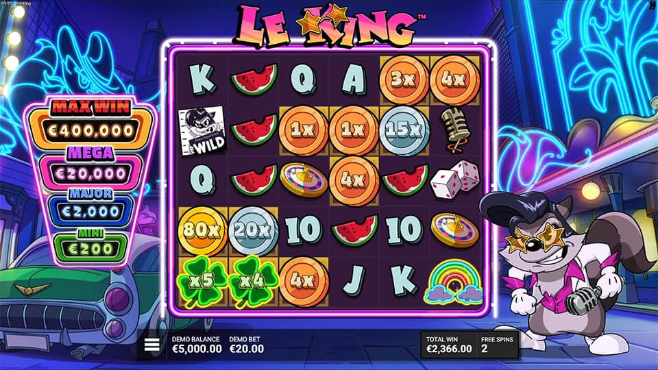 Bottom-left corner showing green clover multipliers x5, x4 and x4 during free spins with visible cash values.