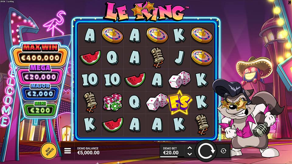 Base game reels with classic casino symbols like dice, chips and microphones, with raccoon mascot on the right.