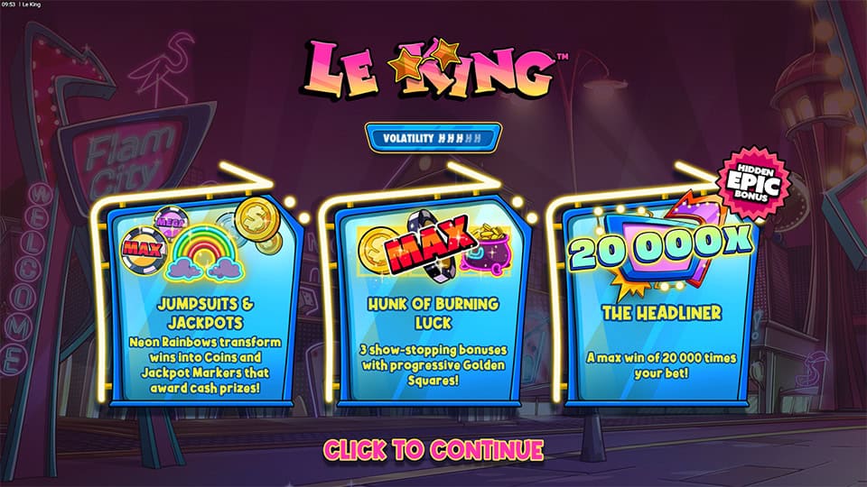 Intro page for Le King slot showing features like max 20,000x win, rainbow jackpots and bonus options.