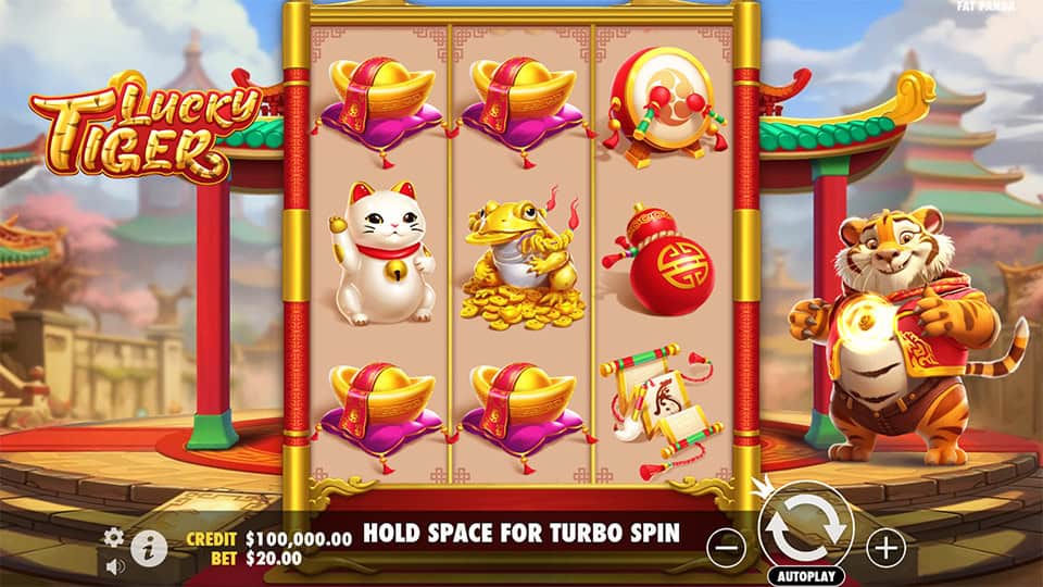 Lucky Tiger slot game interface with reels and symbols