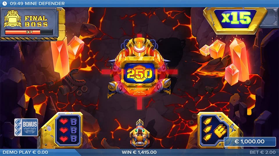 Mine Defender final boss feature with a large robot enemy, lava background and a 250 hit landing.