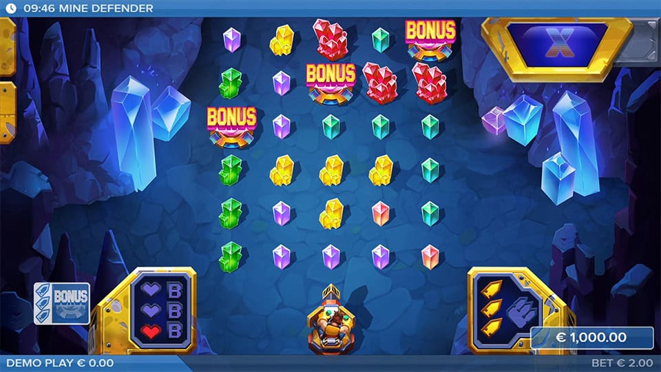 Mine Defender gameplay showing three BONUS symbols across the grid, triggering the bonus round.