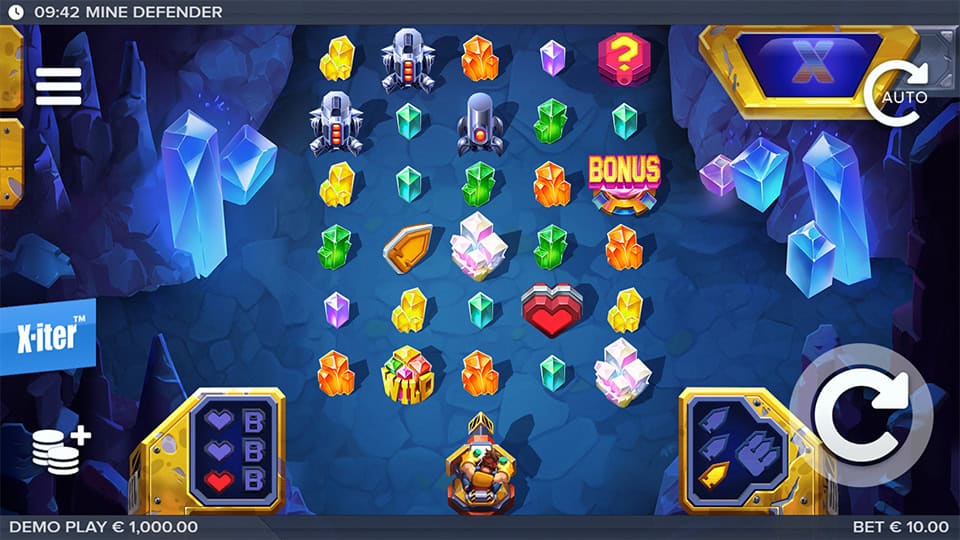 Mine Defender base game showing a grid of colorful crystals and a cannon-ready miner at the bottom.