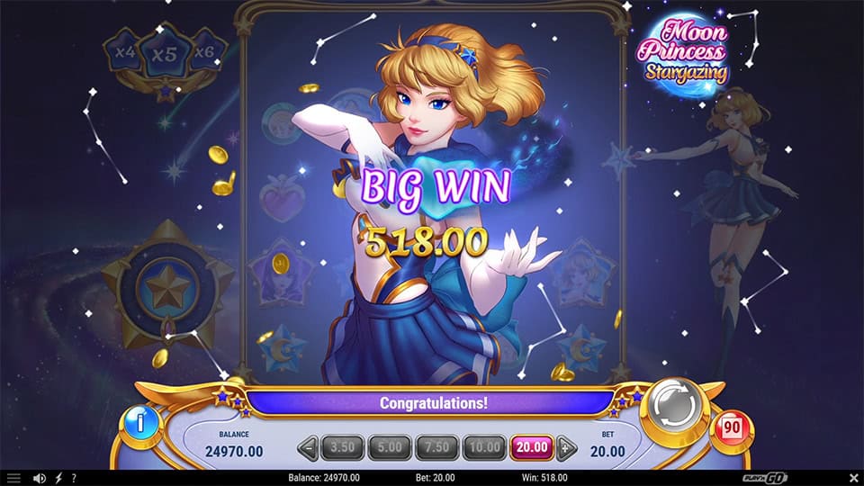 Big Win animation with 518.00 payout, main character casting magic with starry constellations behind her.
