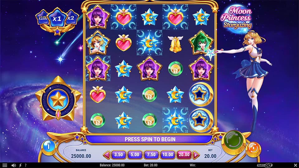 Grid-style slot showing magical girl symbols, hearts, stars and celestial icons on a starry space backdrop.