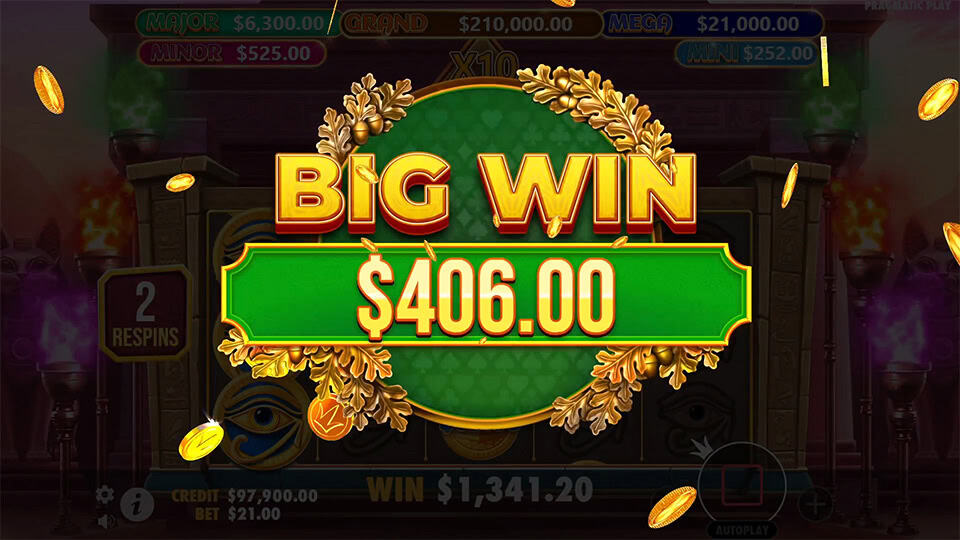 Mummy's Jewels slot showing Big Win of $406.00 with green banner and coin explosion.