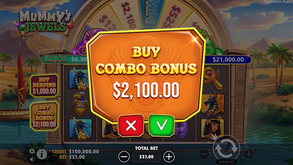 Mummy's Jewels slot popup showing Buy Combo Bonus confirmation screen.