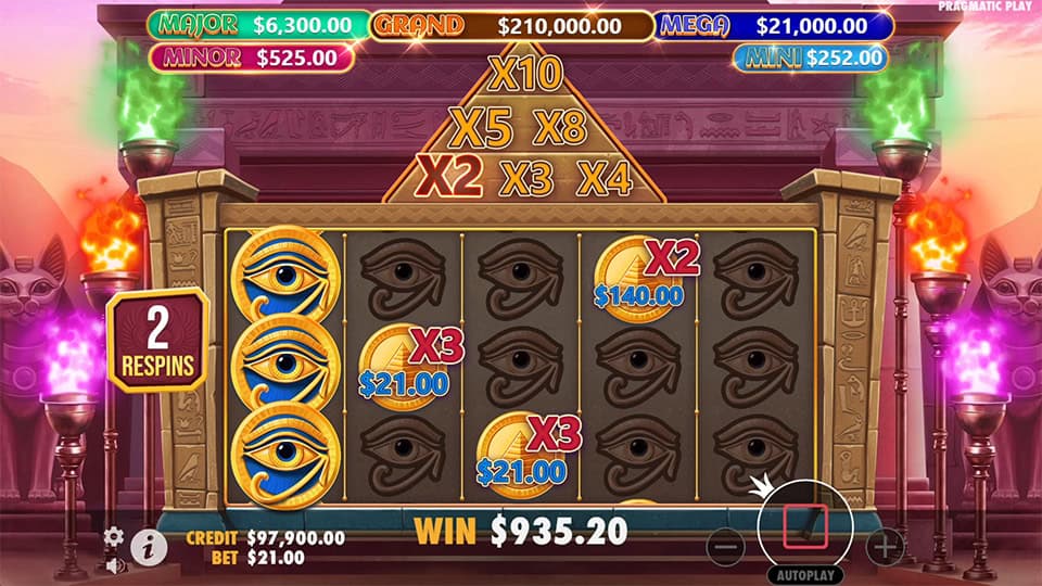 Mummy's Jewels slot with golden eye symbols, multipliers and 2 respins remaining.