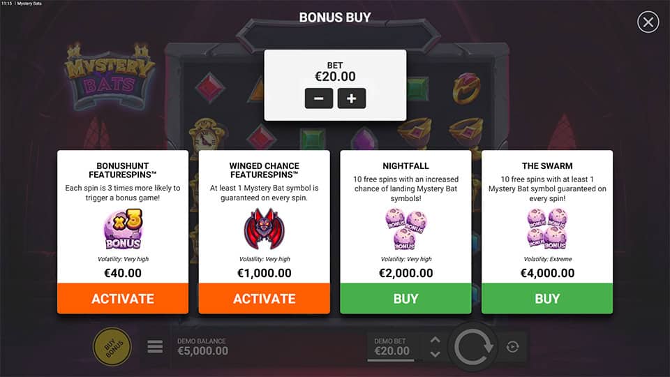 Bonus buy menu with four feature choices including extra bonus chances and bat-enhanced free spins.