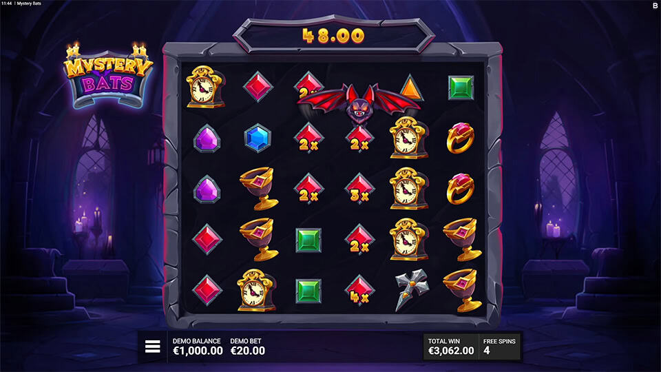 Red bat symbol flying upward across the reels, leaving multipliers behind and triggering transformations.