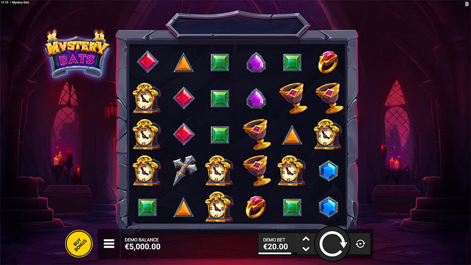 Slot grid filled with clocks, rings and colored gemstones inside a vampire lair, with bonus buy button shown.