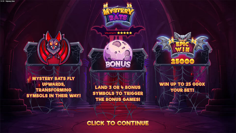Intro screen explaining game features with visuals of a red bat, moon bonus and epic win frame with cobwebs.
