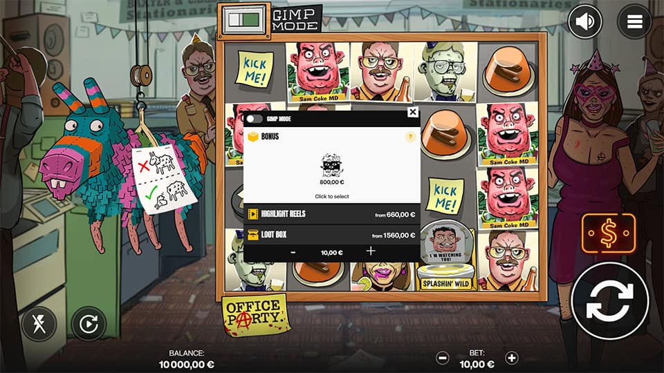 Buy bonus screen in Office Party showing Gimp Mode purchase options including Bonus, Highlight Reels and Loot Box with Euro prices and bet settings.