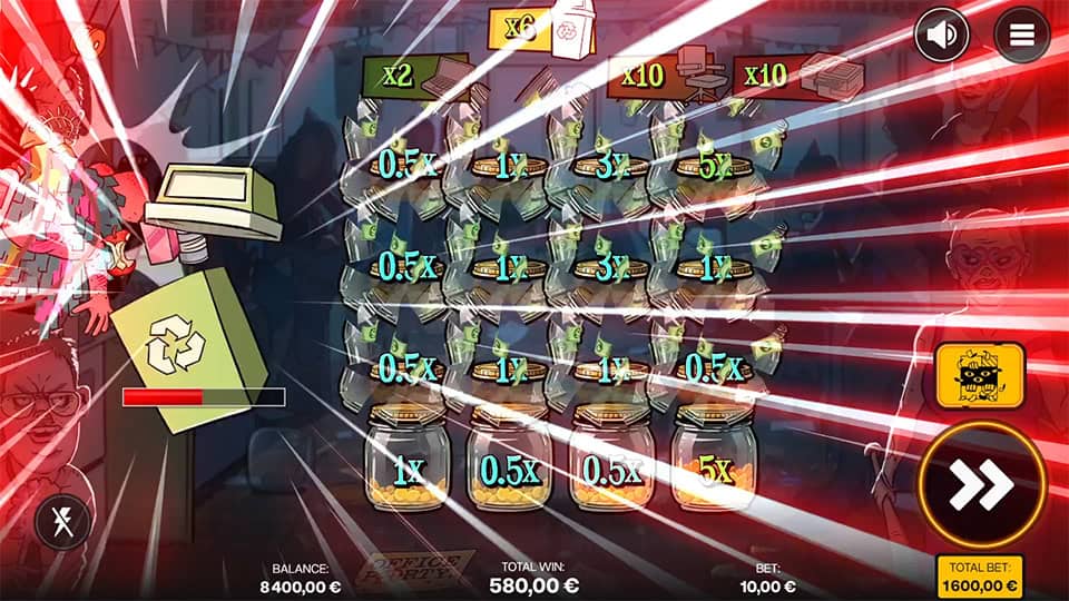 Bonus feature scene in Office Party showing the manager character getting smashed with office equipment while multipliers stack on-screen.