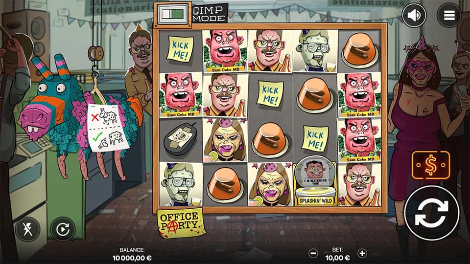 Base game screen of Office Party with eccentric cartoon characters, office supplies as symbols and a piñata hanging on the left.